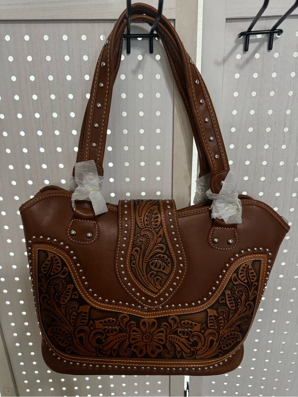Brown Floral Tooled Tote Bag with Stud Accents